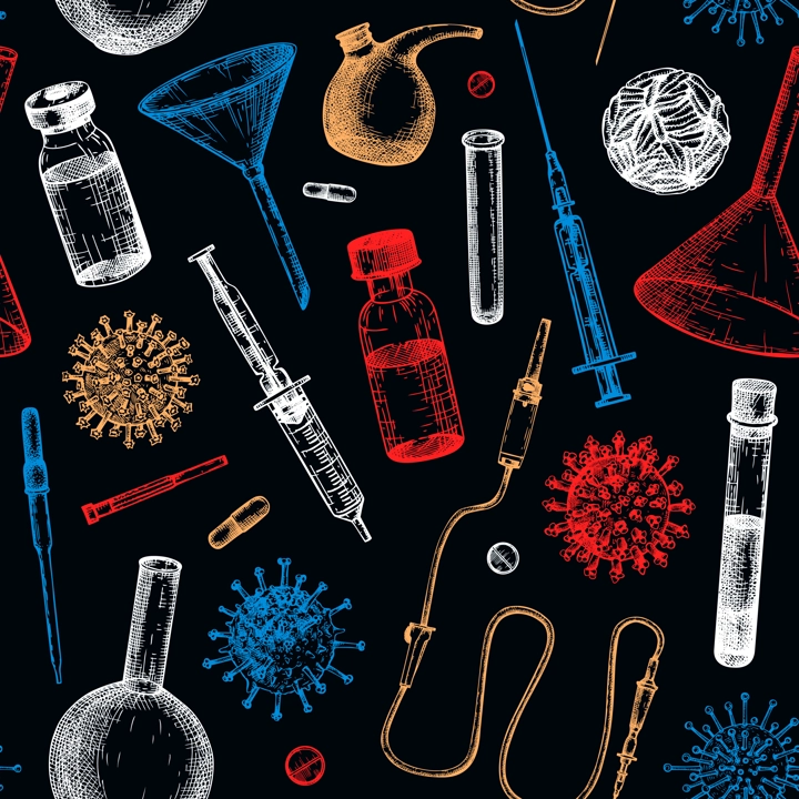 Antiviral therapy and vaccination background. Hand drawn vector illustrations. Vaccine in bottles, laboratory equipment, different virus sketches. Medicine seamless pattern . Covid-19 drawing 